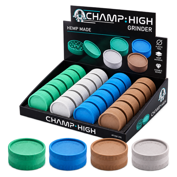 Grinders Champ High 55 mm en quatre coloris et leur présentoir