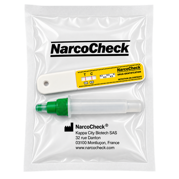 Test NarcoCheck K3 : bandelette de lecture et tube d'extraction dans leur sachet
